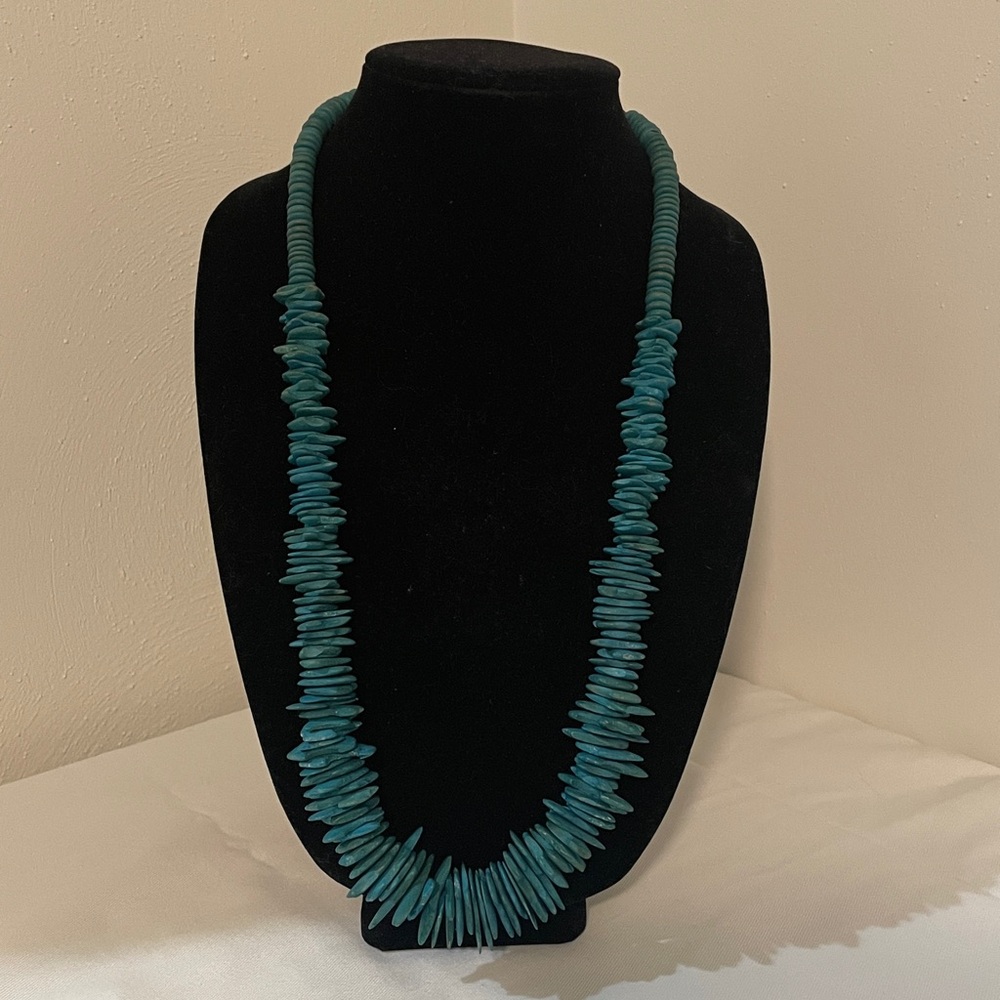 Vintage Teal blue chunky wood chip long necklace